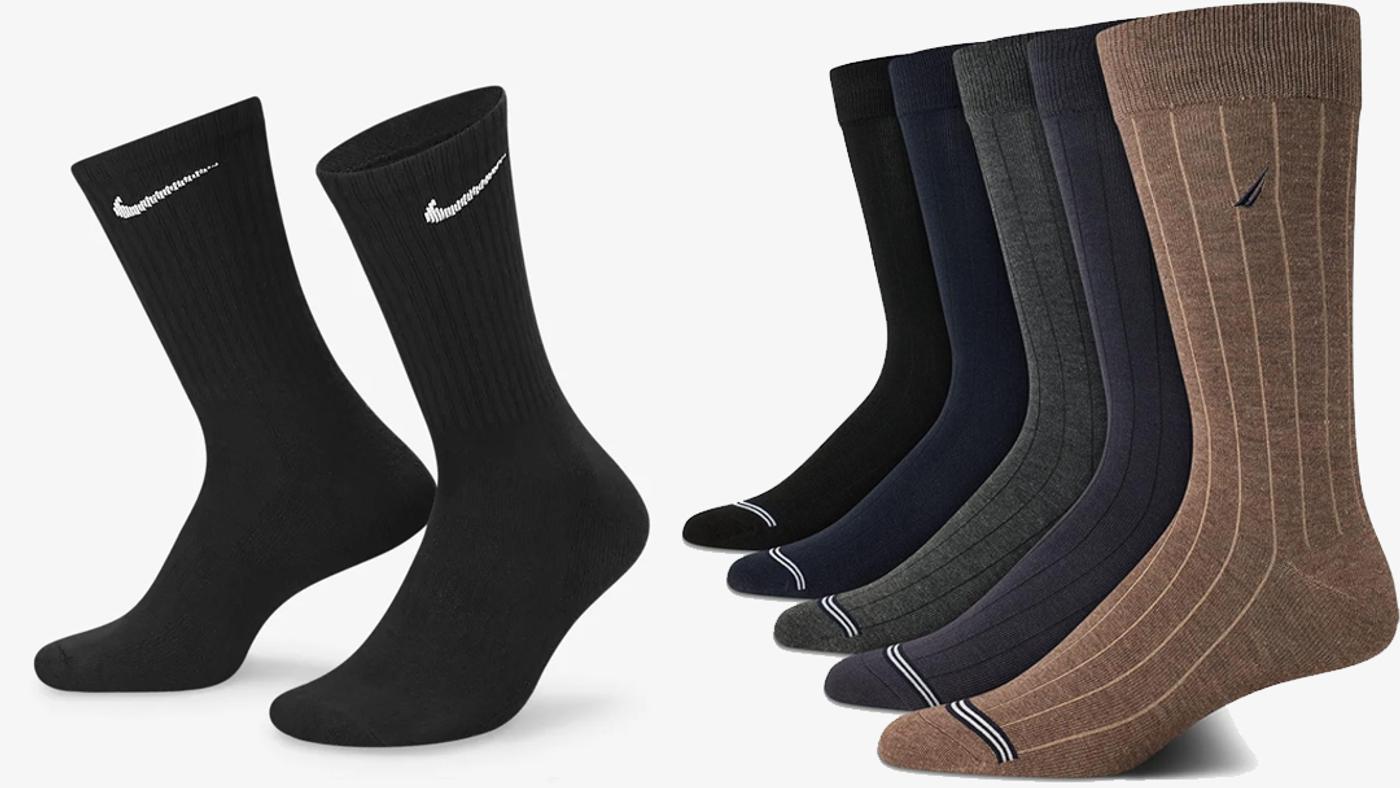 a pair of nike socks and a pair of nautica socks on a white background .