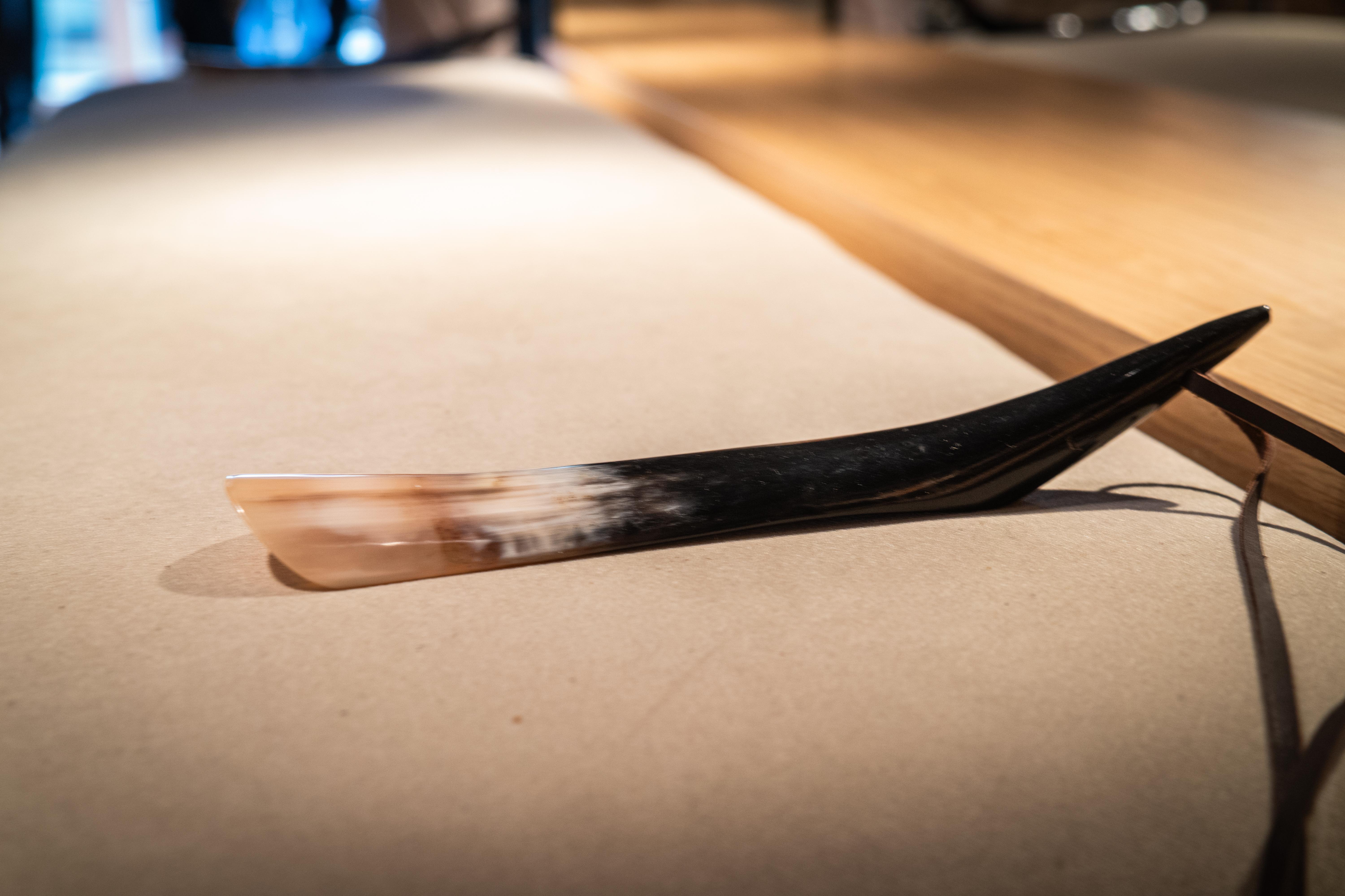 a horn is laying on a table next to a wooden table .