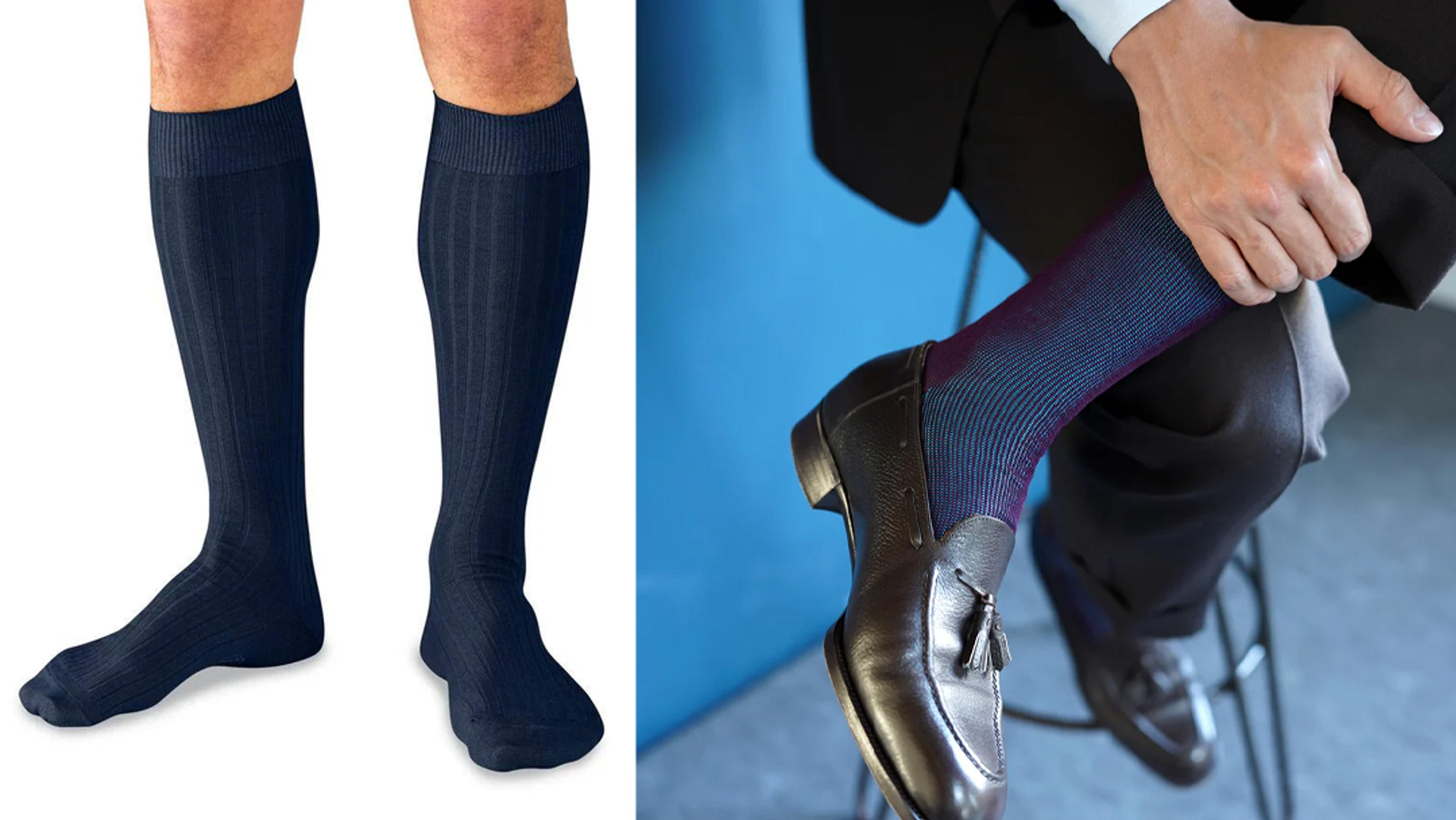 Two views of men's dress socks: plain navy ribbed socks on bare legs, and colorful striped socks worn with a suit and loafers.
