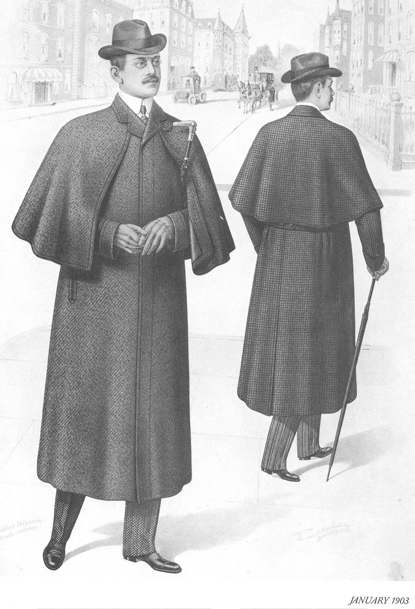 1903 fashion illustration of a man in a long coat with a shoulder cape, shown from front and back, on a city street.