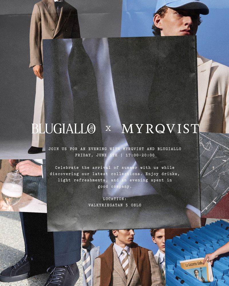 Collage of men's fashion surrounding a Blugiallo x Myrqvist event invitation for a summer collection launch.