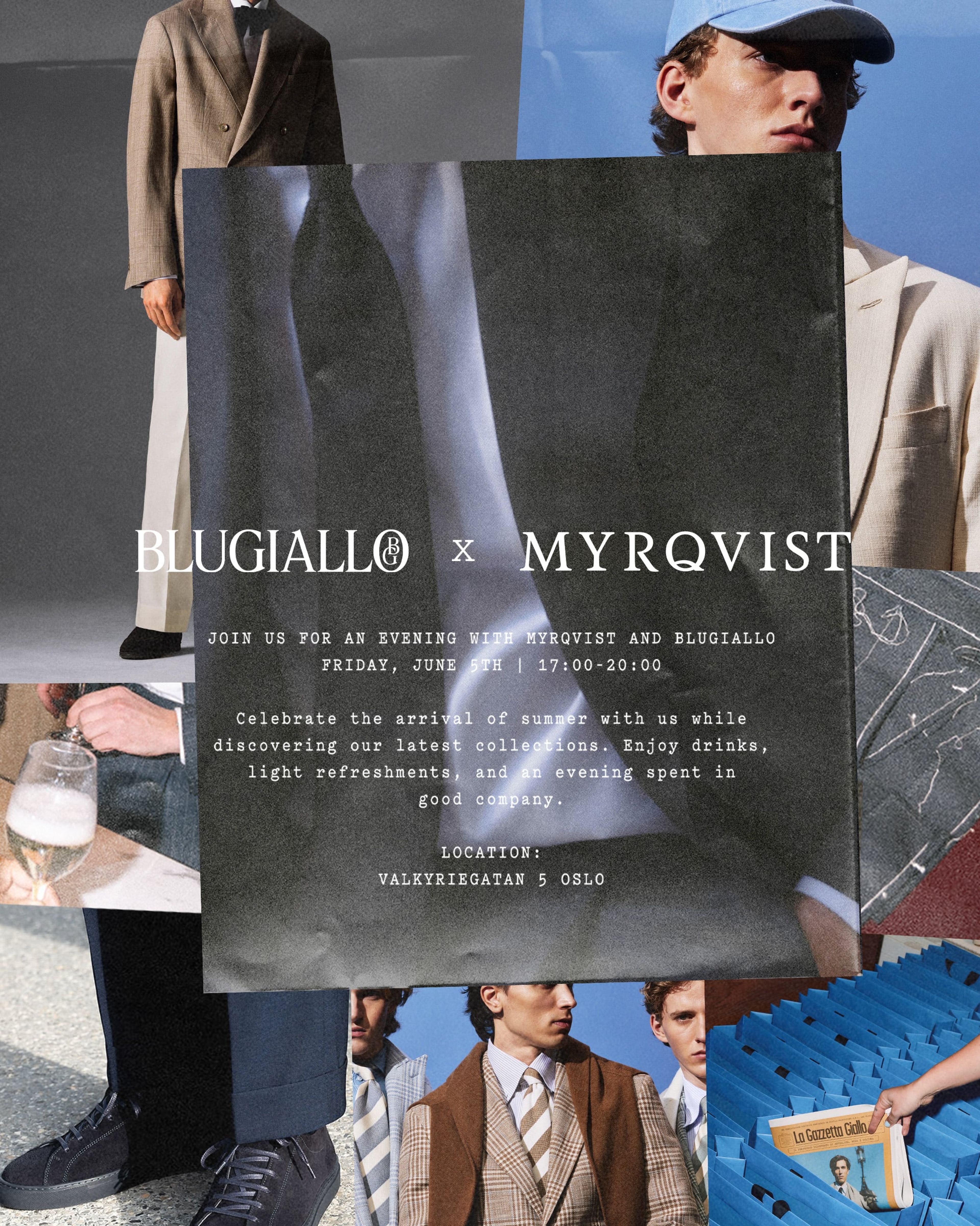Collage of men's fashion surrounding a Blugiallo x Myrqvist event invitation for a summer collection launch.