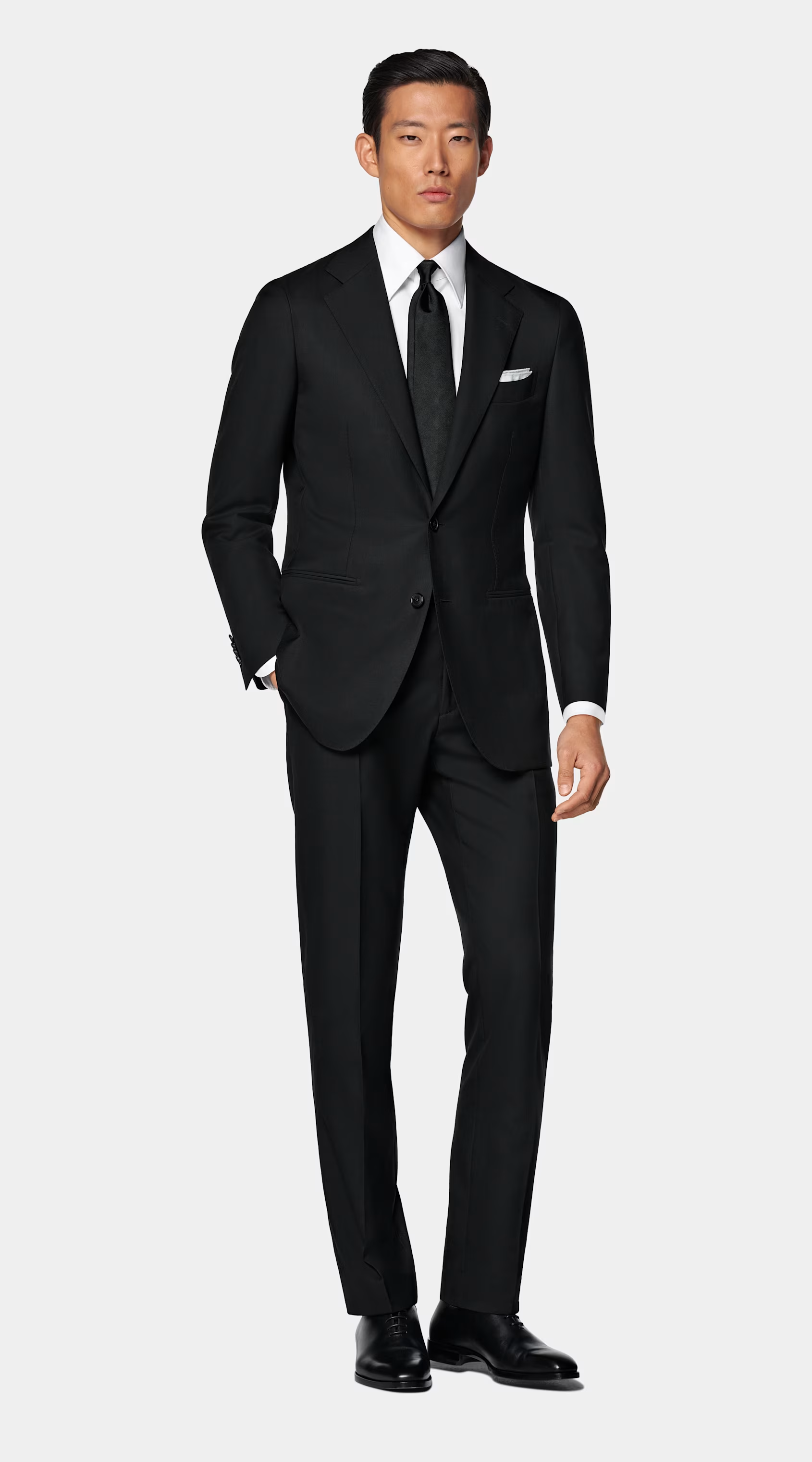 Man in black suit, white shirt and black tie