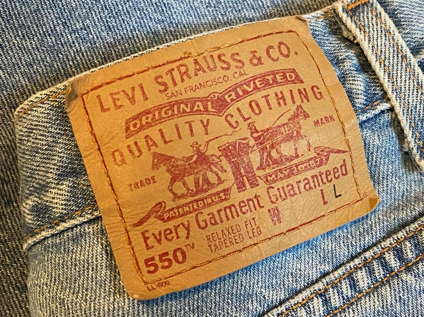 Levi's 550 jeans leather patch with the two-horse logo and branding text.