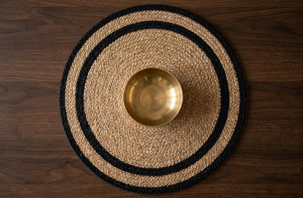 Premium Handcrafted Jute Round table mat Black Border Medium — hero shot