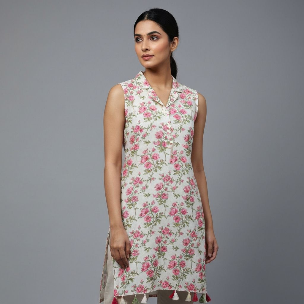 Women's Sleeveless Floral Print Kurti with Collar