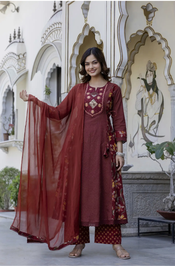 VRano Kurti, Palazzo Dupatta Suit Set Embroidered Kurta, Salwar & Dupatta Set