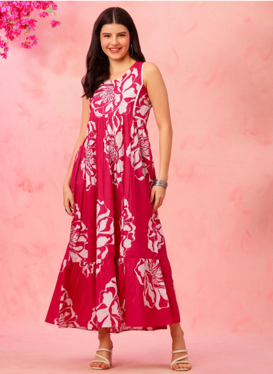 VRano Women Empire Waist Pink Maxi/Full Length Dress