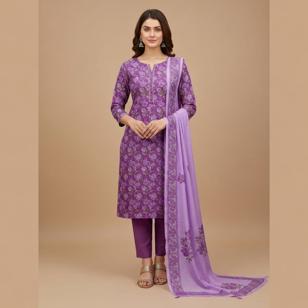 Laggie Women's Purple Floral Dupatta Suit Set