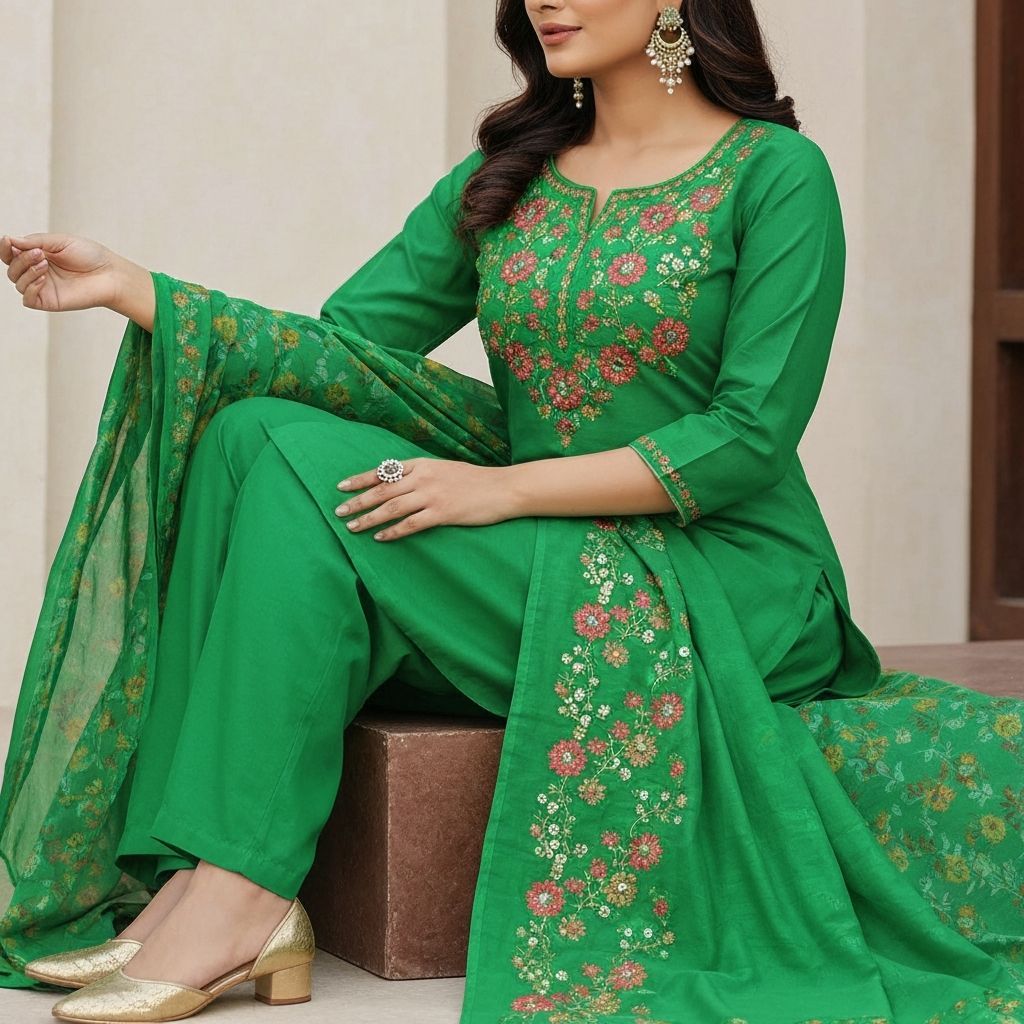 Floral Green Embroidered Kurta with Palazzos & Dupatta