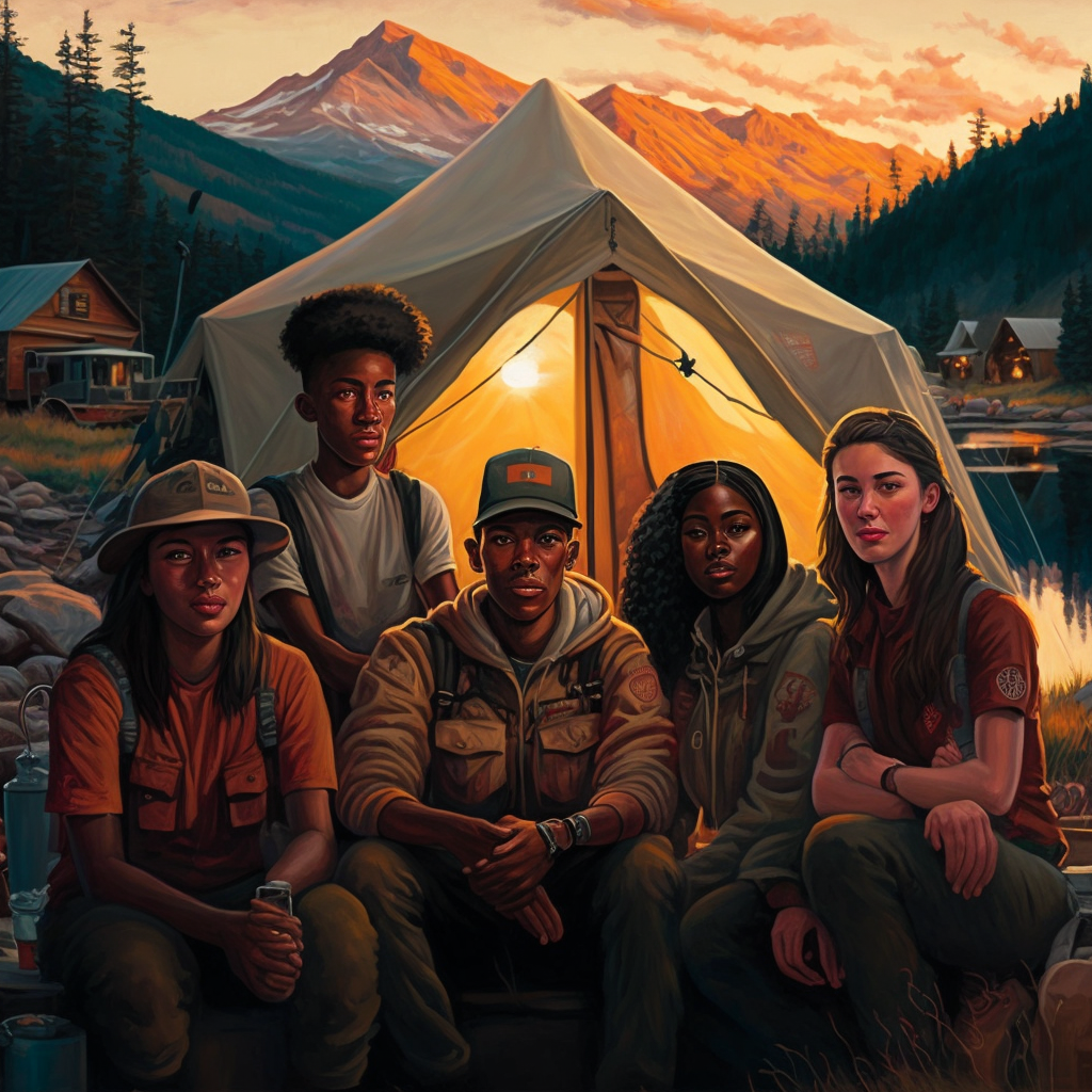 Midjourney painting of five diverse young campers seated in front of a glowing canvas tent at sunset, with orange-lit mountains, pine forest and a lake behind them