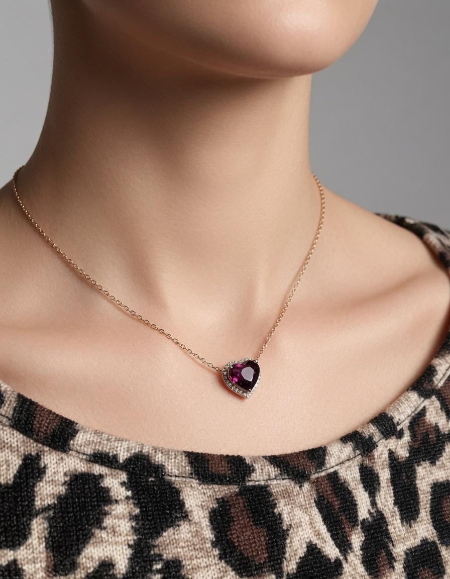 Heart-cut rhodolite pendant, rose gold, worn