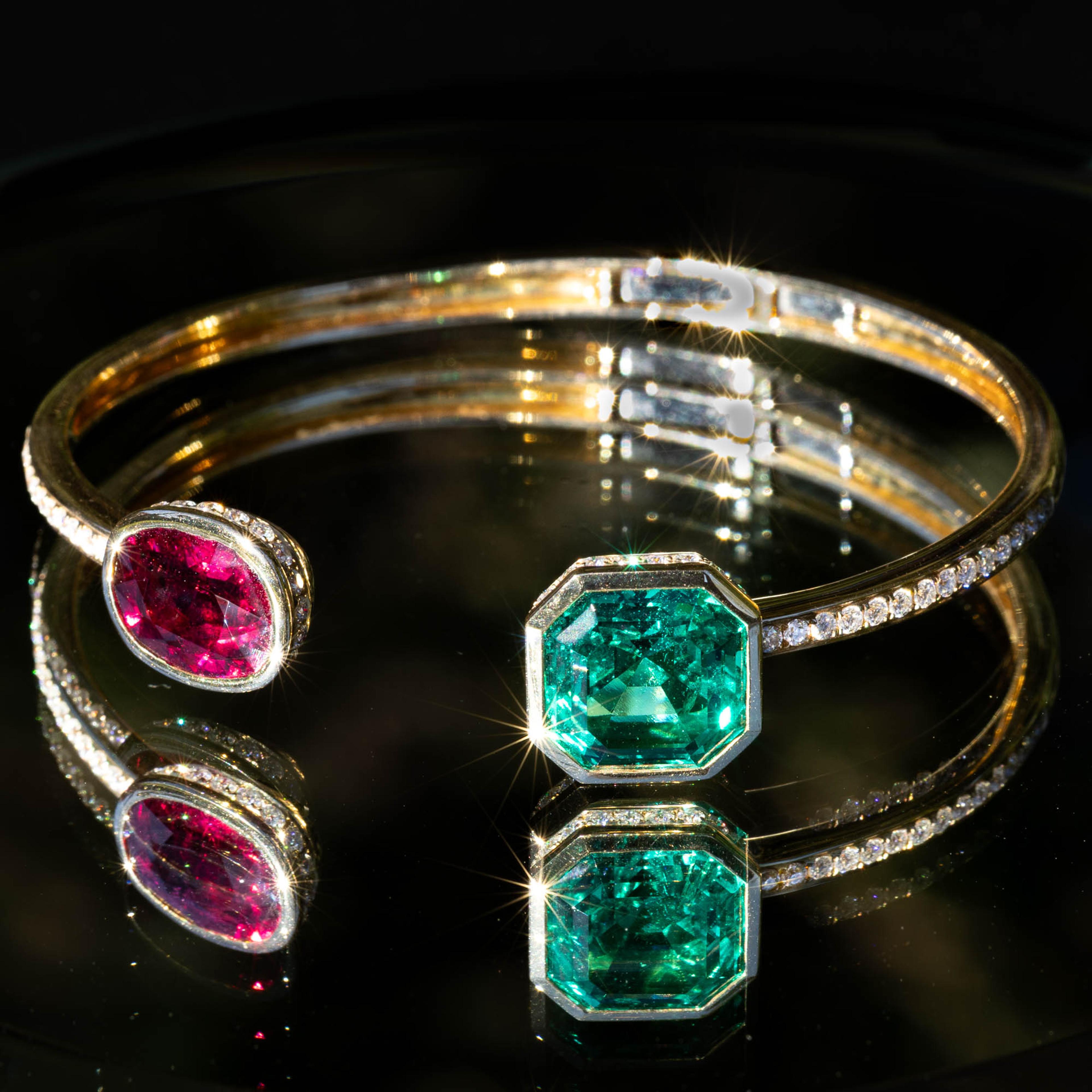 Octagonal emerald and oval rubellite cuff, diamonds, gold