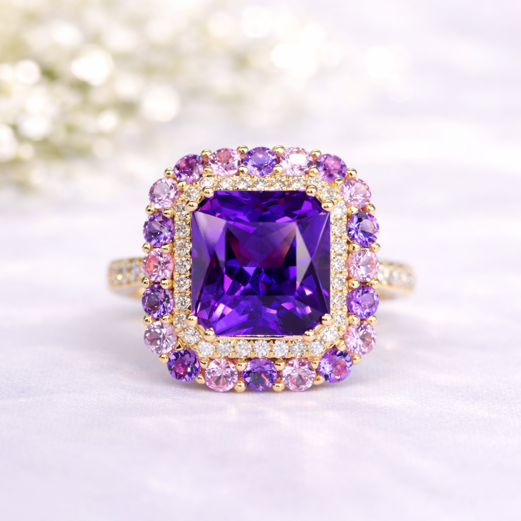 Square-cut purple amethyst, sapphire halo, rose gold