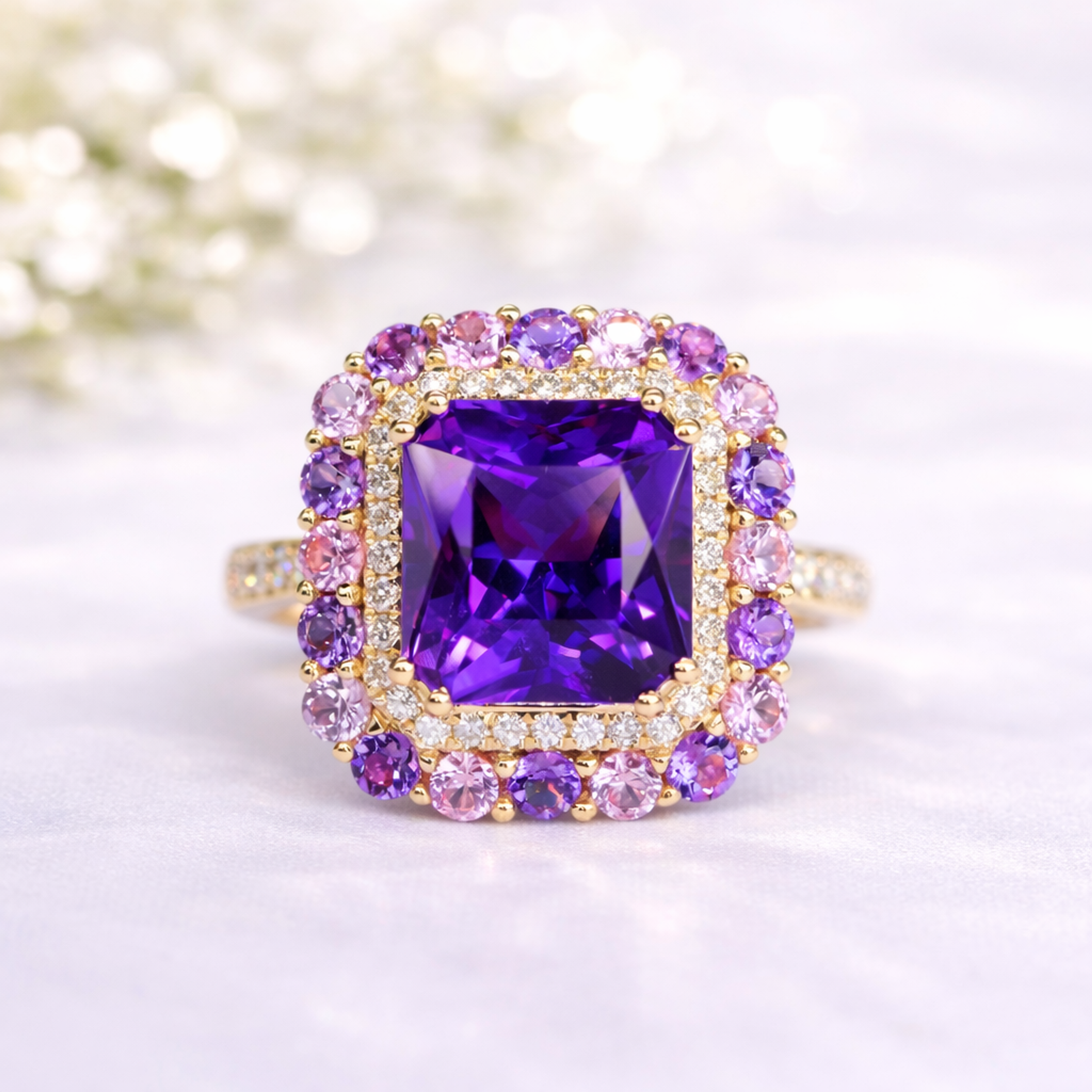 Square-cut purple amethyst, sapphire halo, rose gold