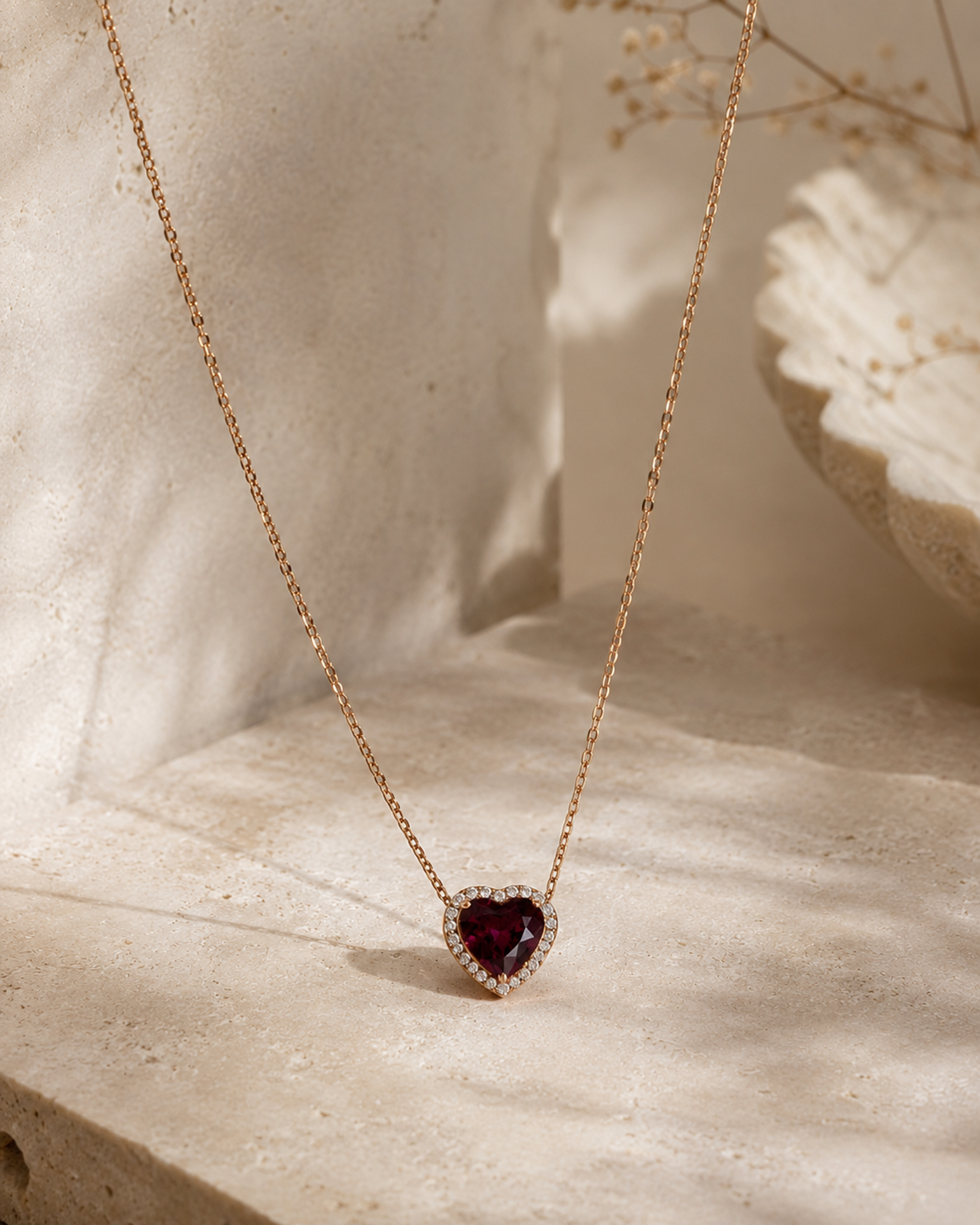 Heart-cut rhodolite garnet pendant, diamond halo, rose gold