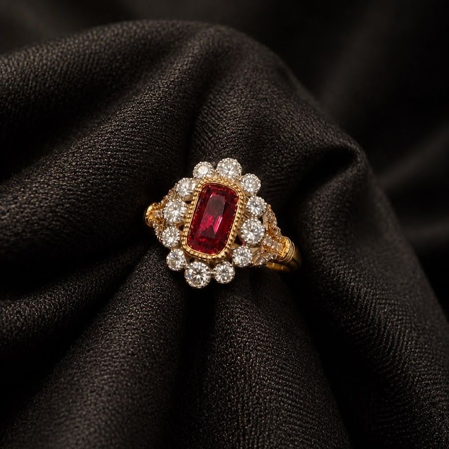 Cushion red spinel, diamond bloom halo, yellow gold