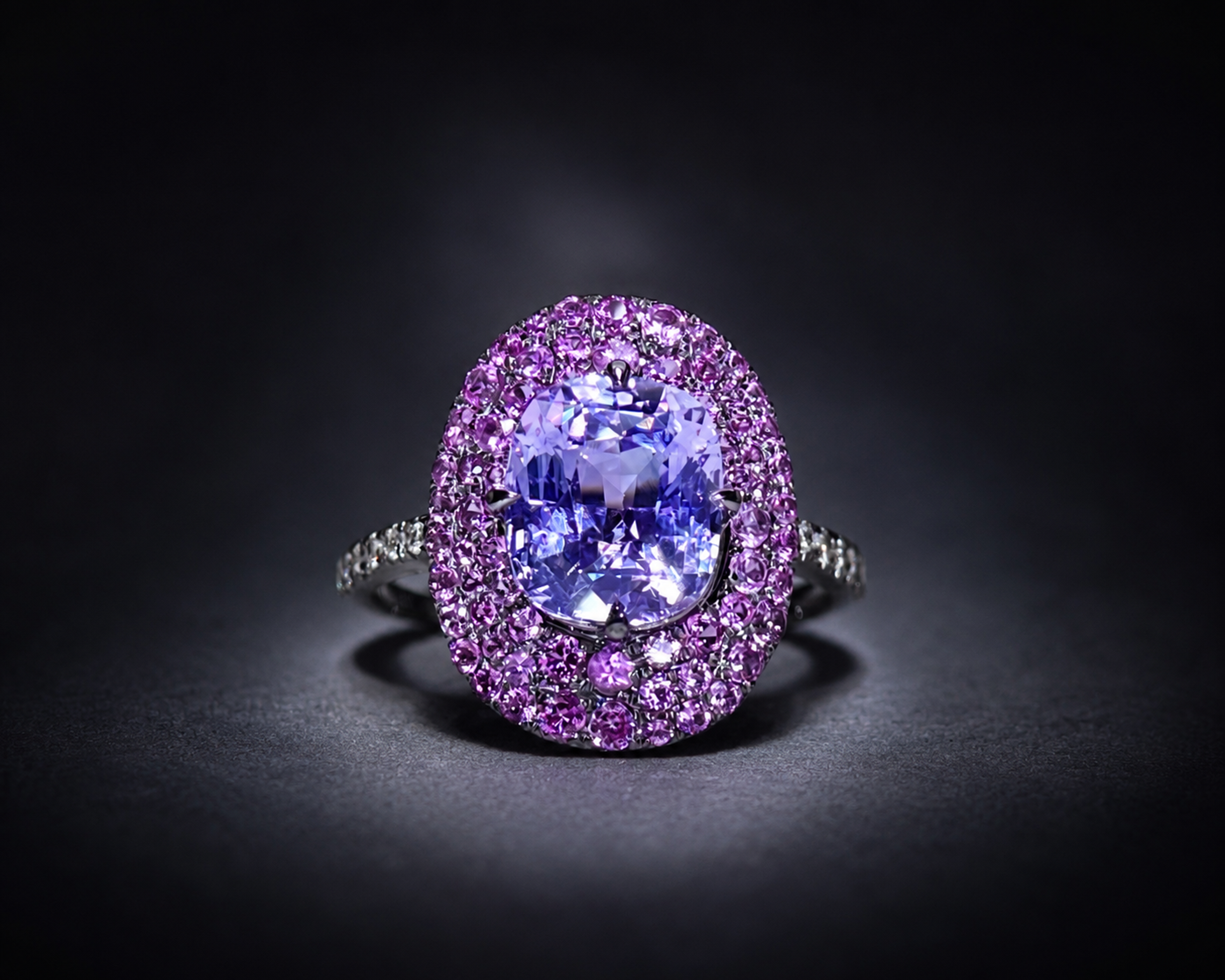 Oval lavender sapphire, pink halo, white gold, front