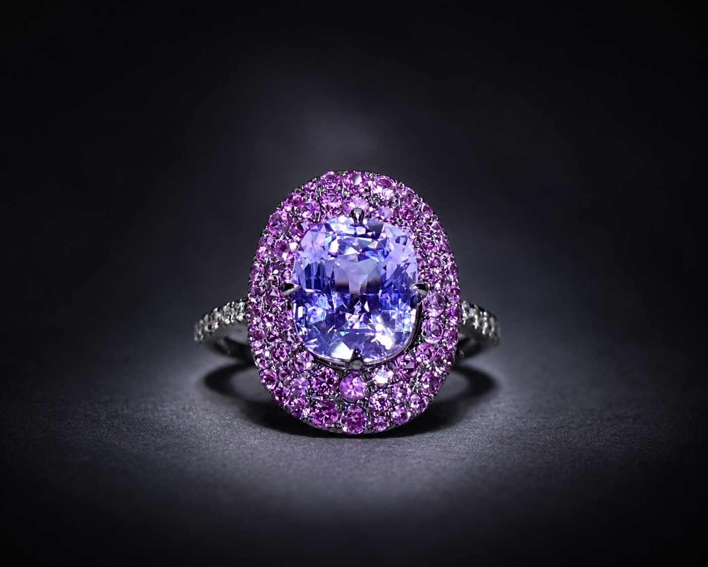 Oval lavender sapphire, pink halo, white gold, front