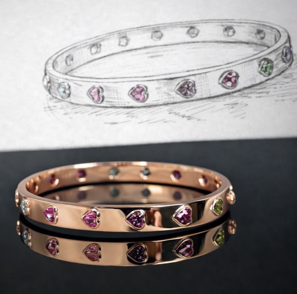 Rose gold bangle, heart-cut coloured gemstones, with sketch