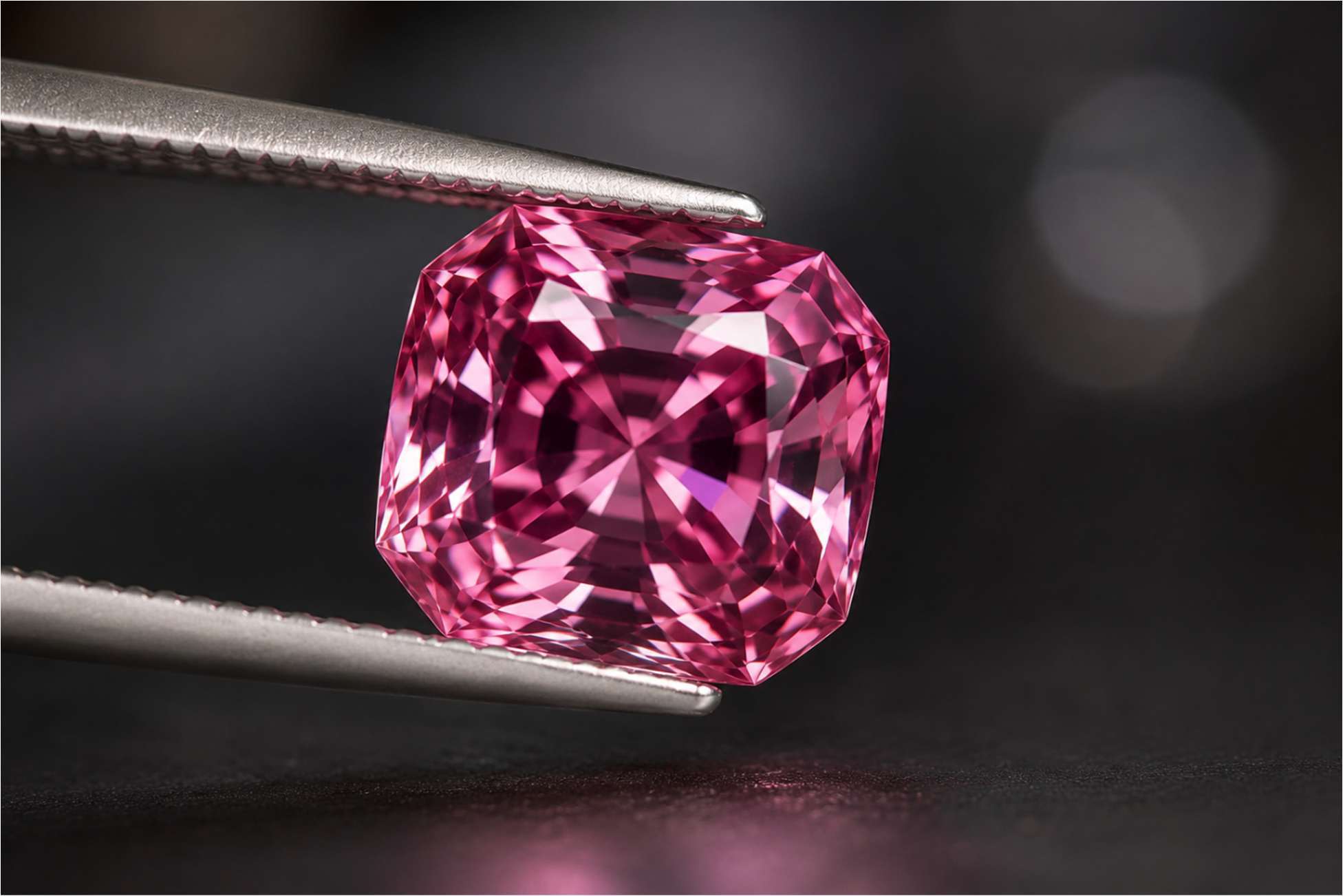 A pink spinel held in tweezers against a dark background