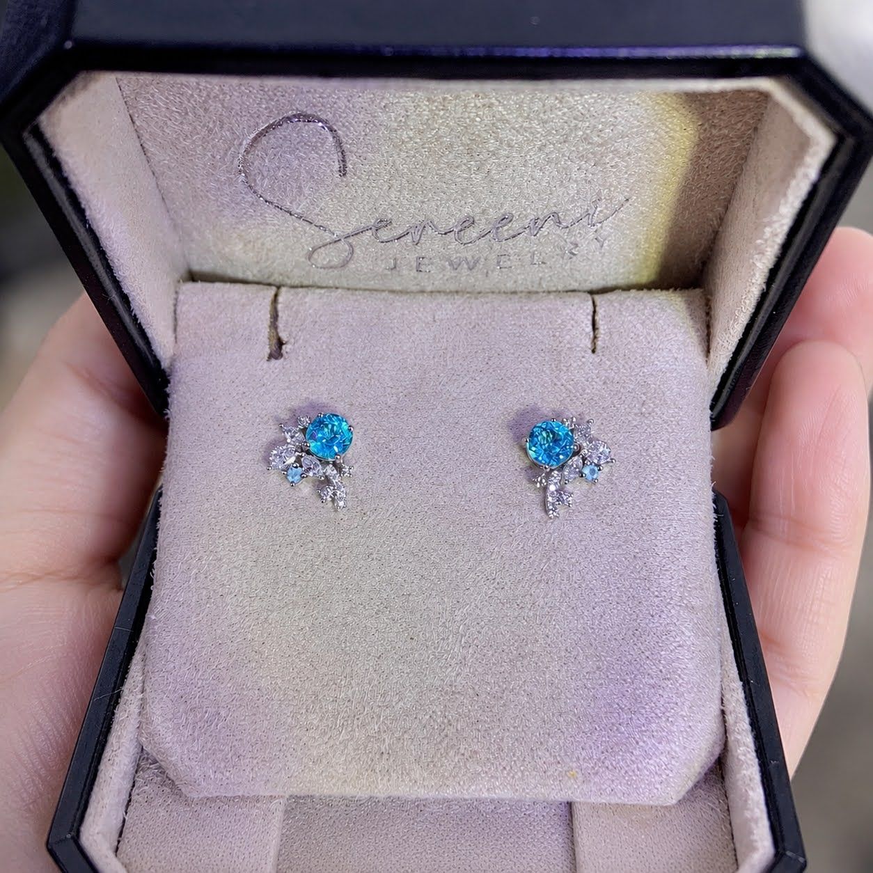 Blue apatite studs, diamond accents, white gold, boxed