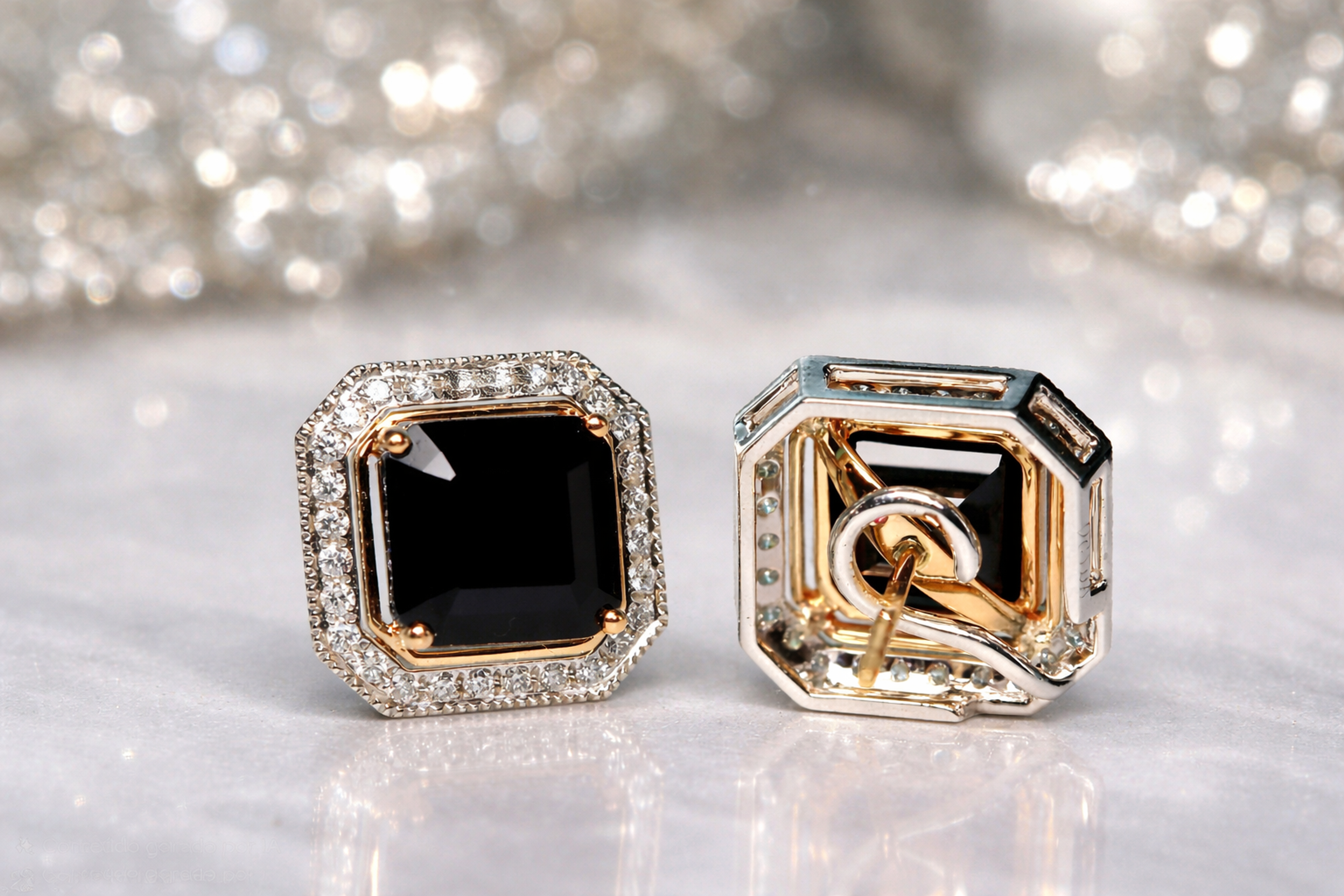 Square black spinel earrings, diamond halo, gold, front-and-back