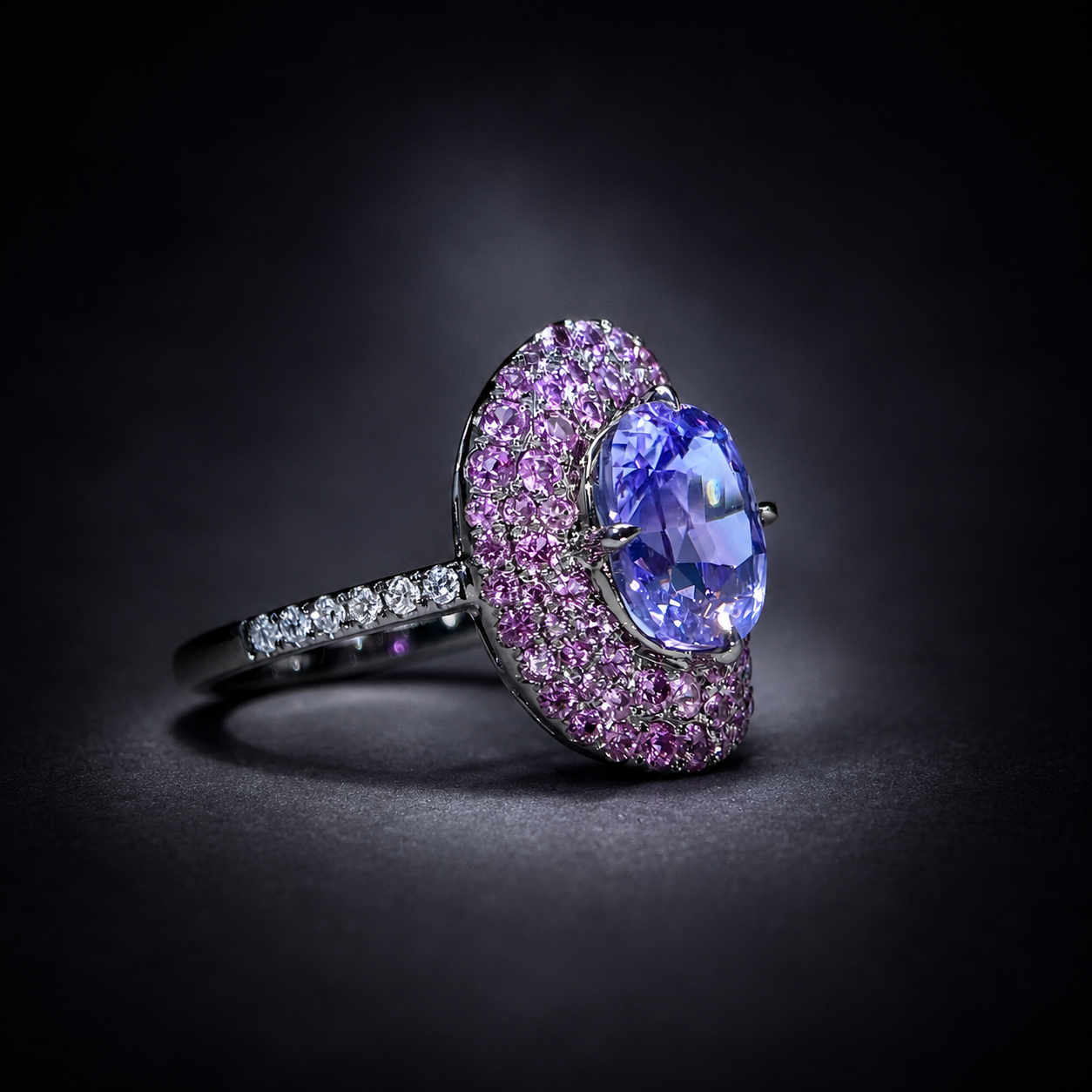 Oval lavender sapphire, pink sapphire pavé, white gold