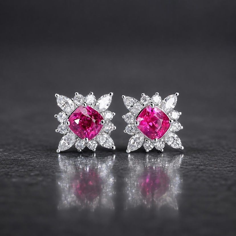 Cushion pink spinel studs, diamond starburst, white gold
