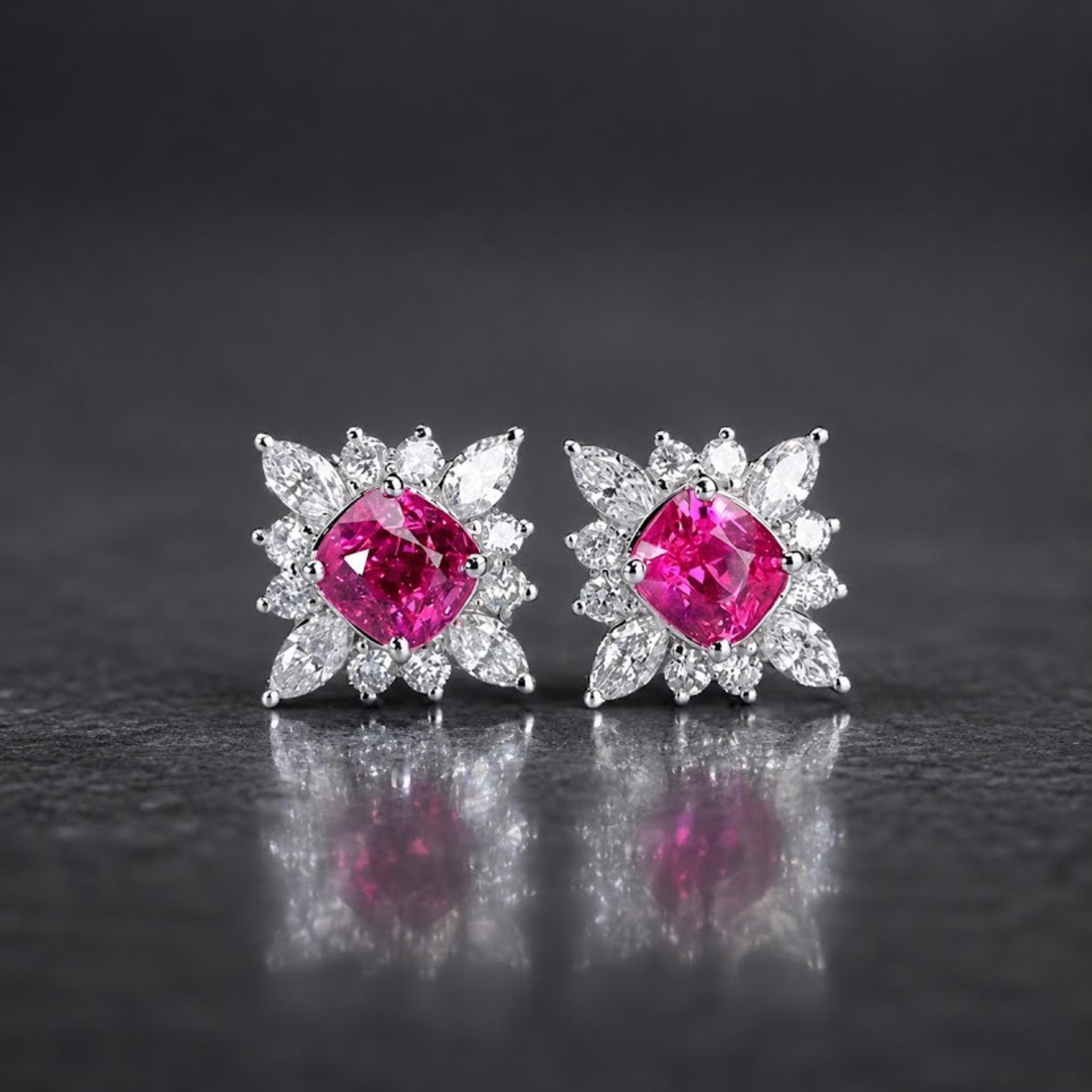 Cushion pink spinel studs, diamond starburst, white gold