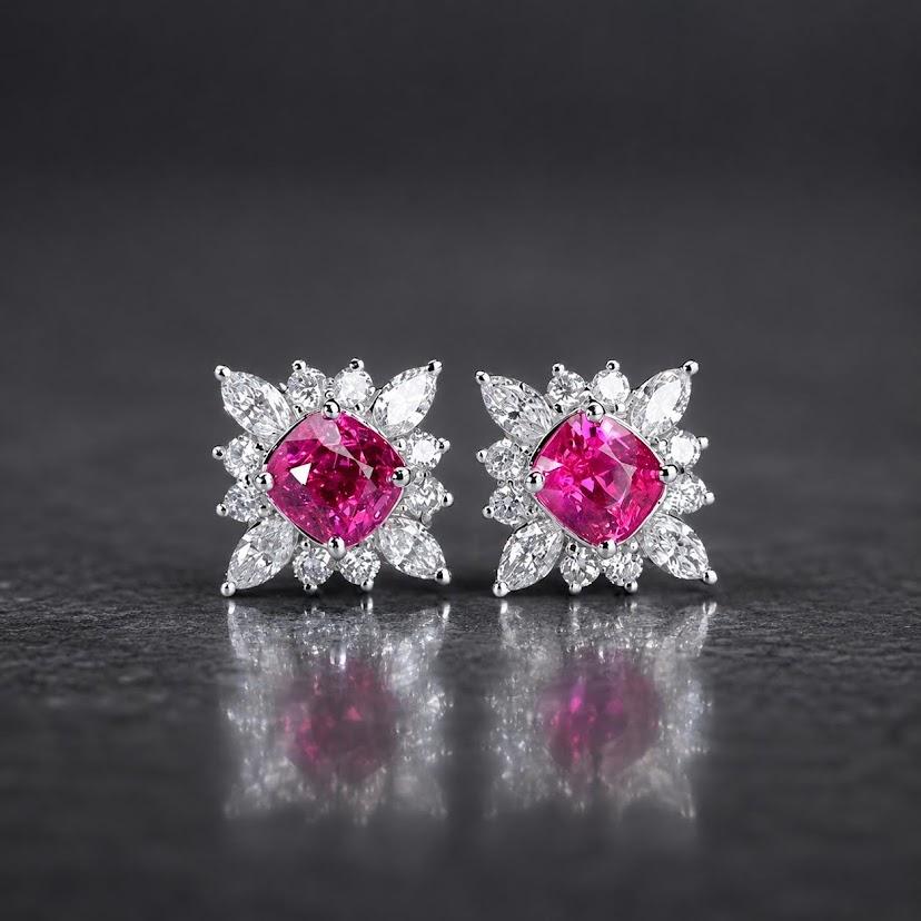 Cushion pink spinel studs, diamond starburst, white gold