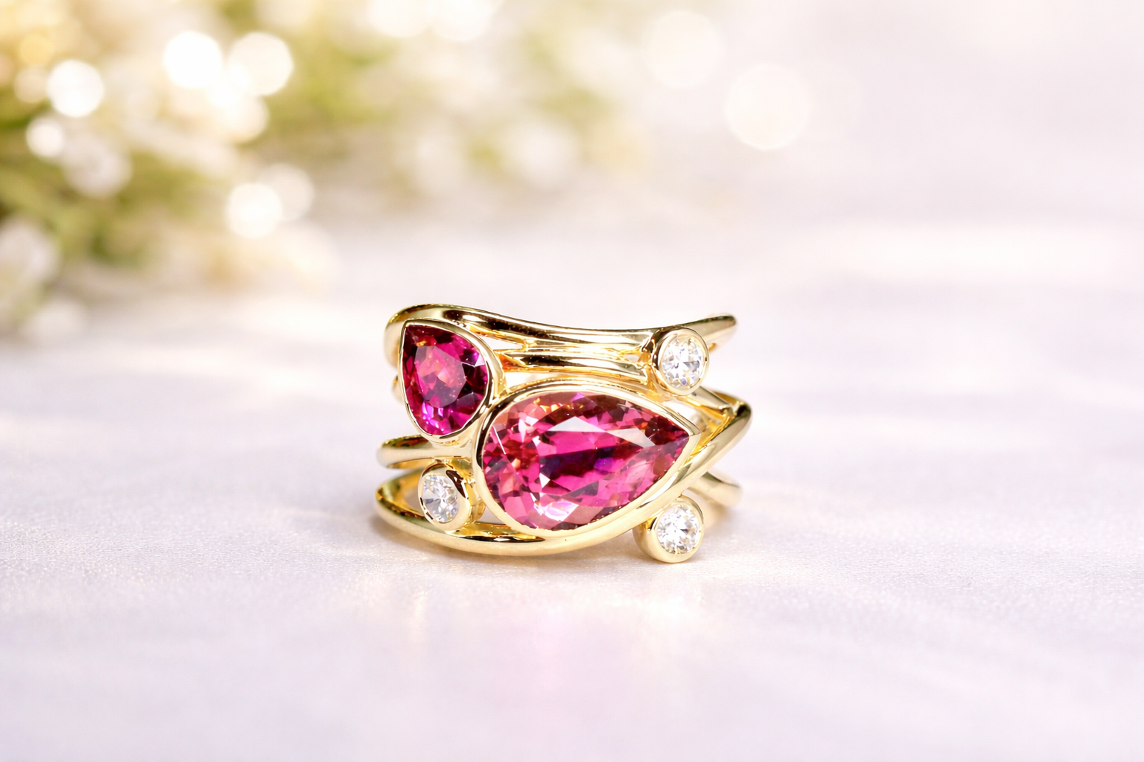 Pear-cut pink tourmaline wave ring, yellow gold, overhead