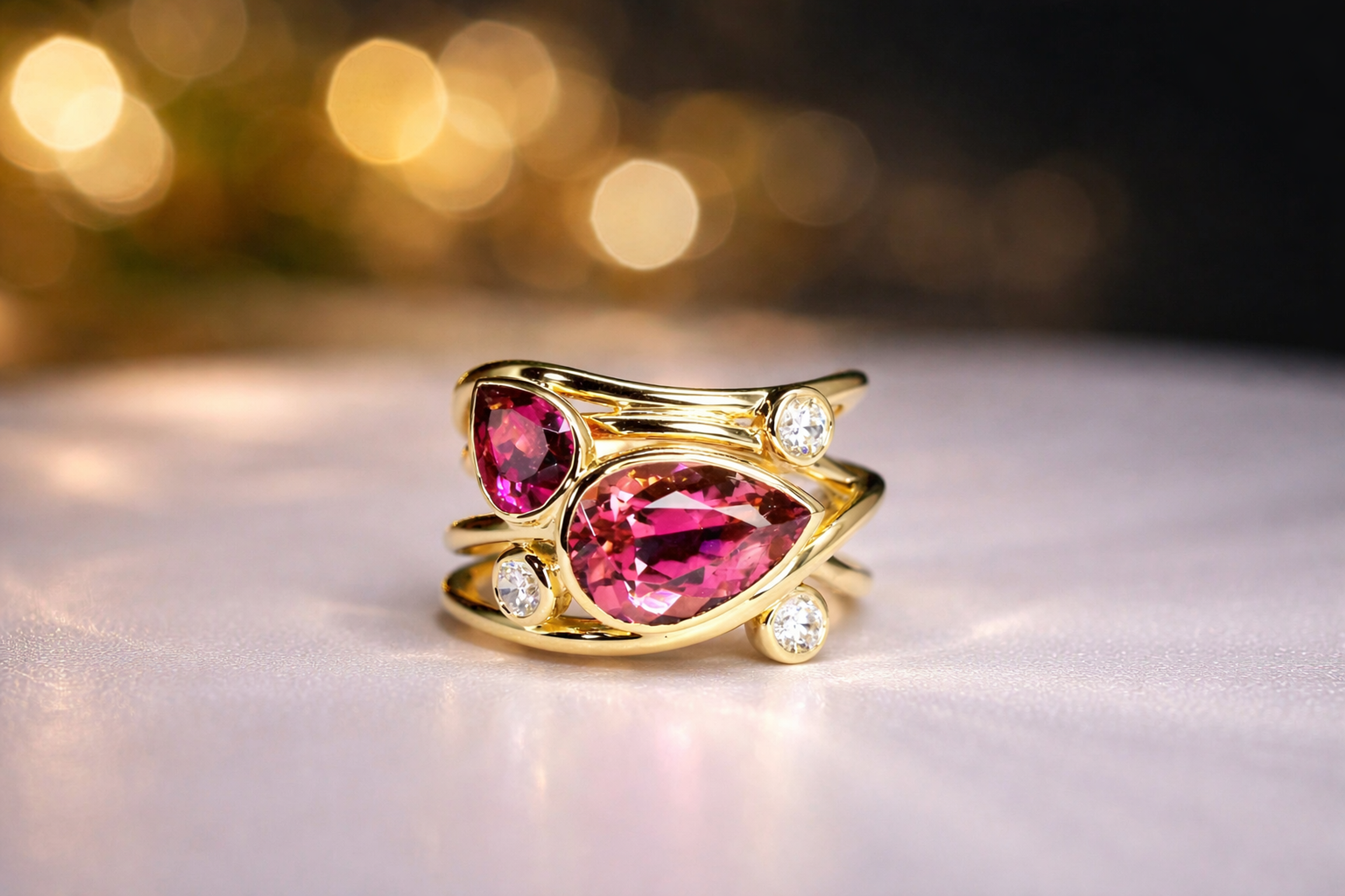 Two pear-cut pink tourmalines, diamond accents, yellow gold