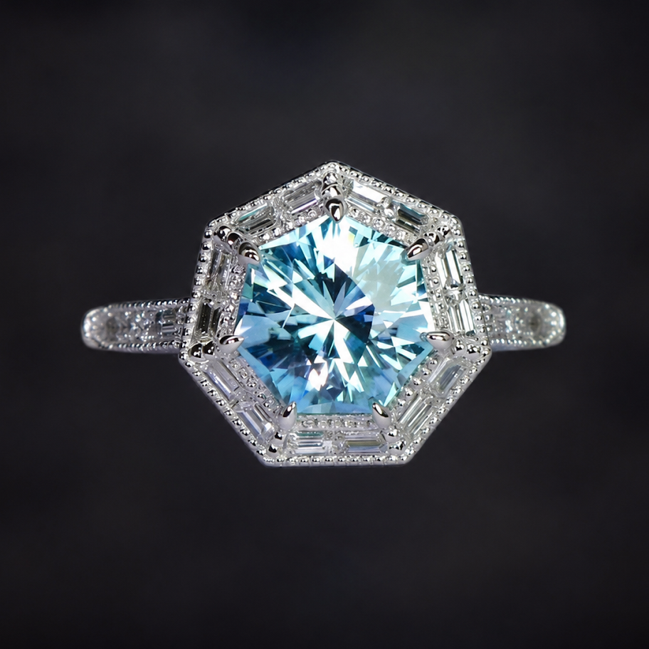 Round aquamarine, hexagonal baguette diamond halo, white gold
