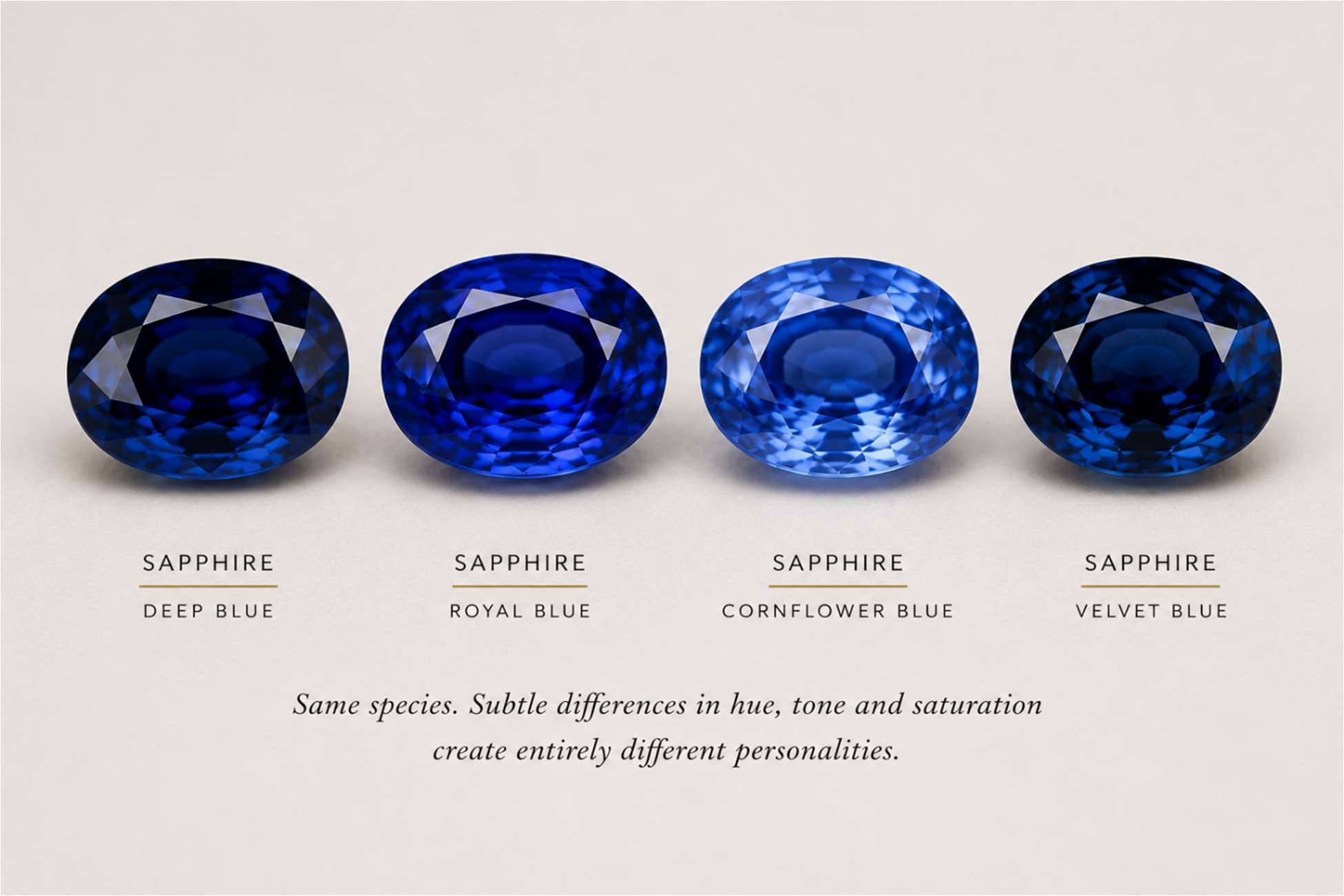 Four blue sapphires side by side — deep blue, royal blue, cornflower blue and velvet blue