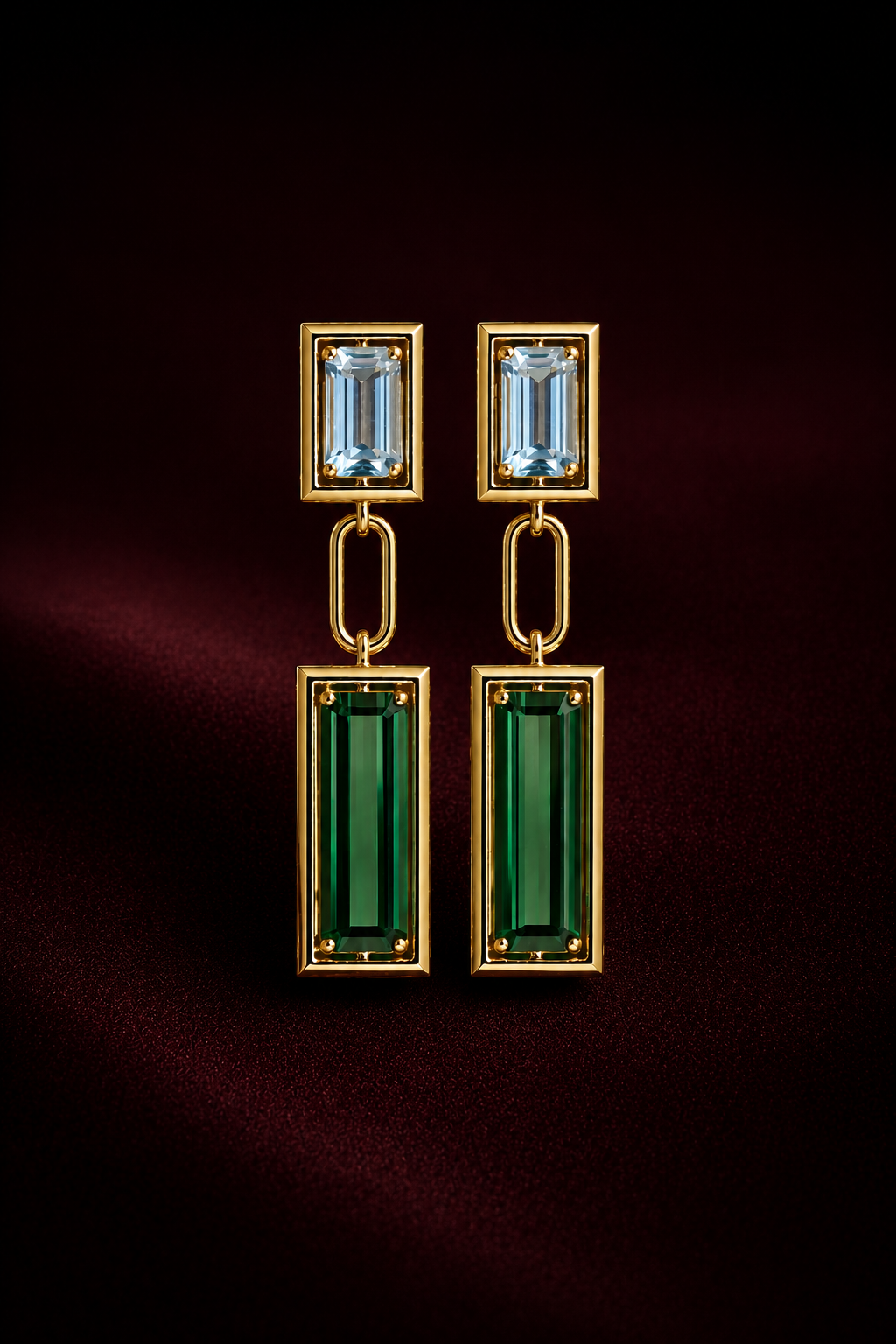 Aquamarine and green tourmaline drop earrings, yellow gold