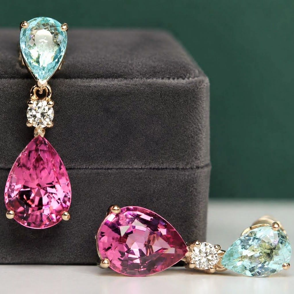 Paraíba and pink spinel drop earring, rose gold