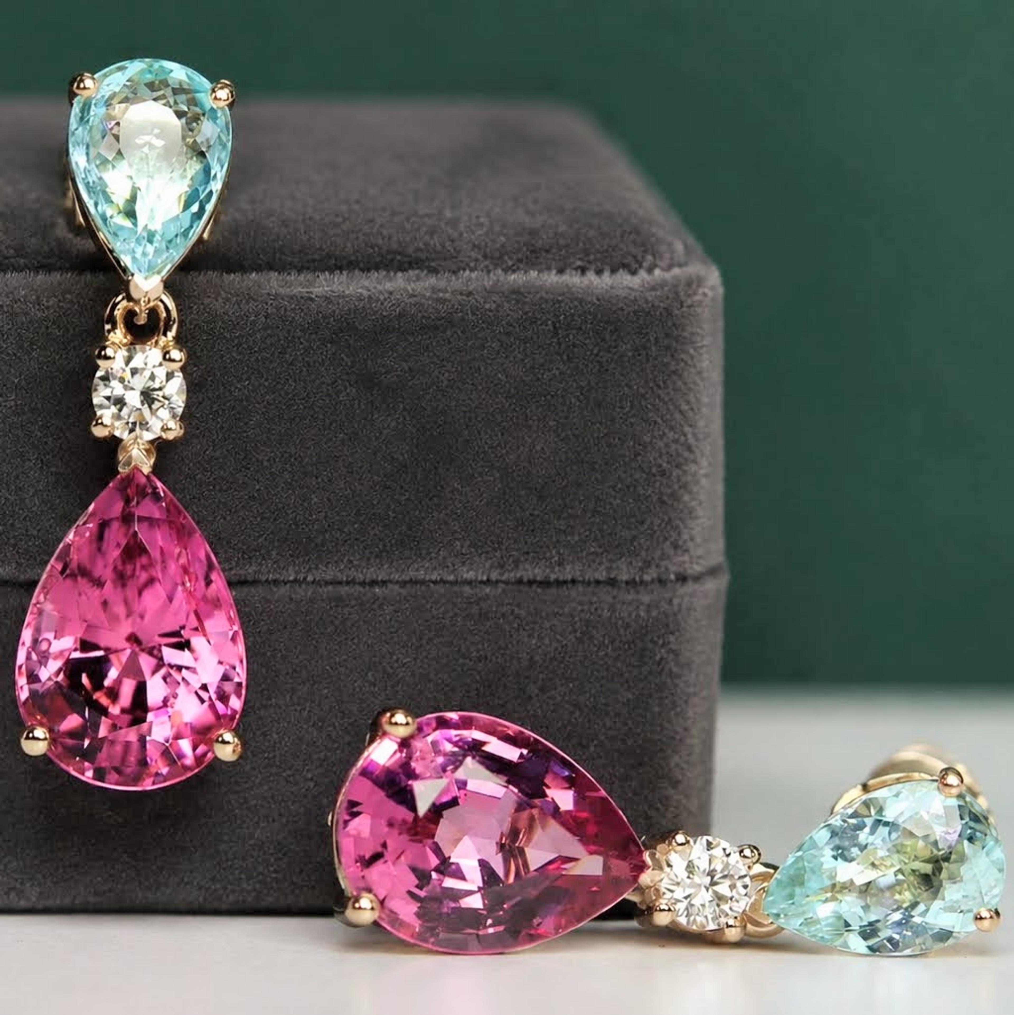 Paraíba and pink spinel drop earring, rose gold