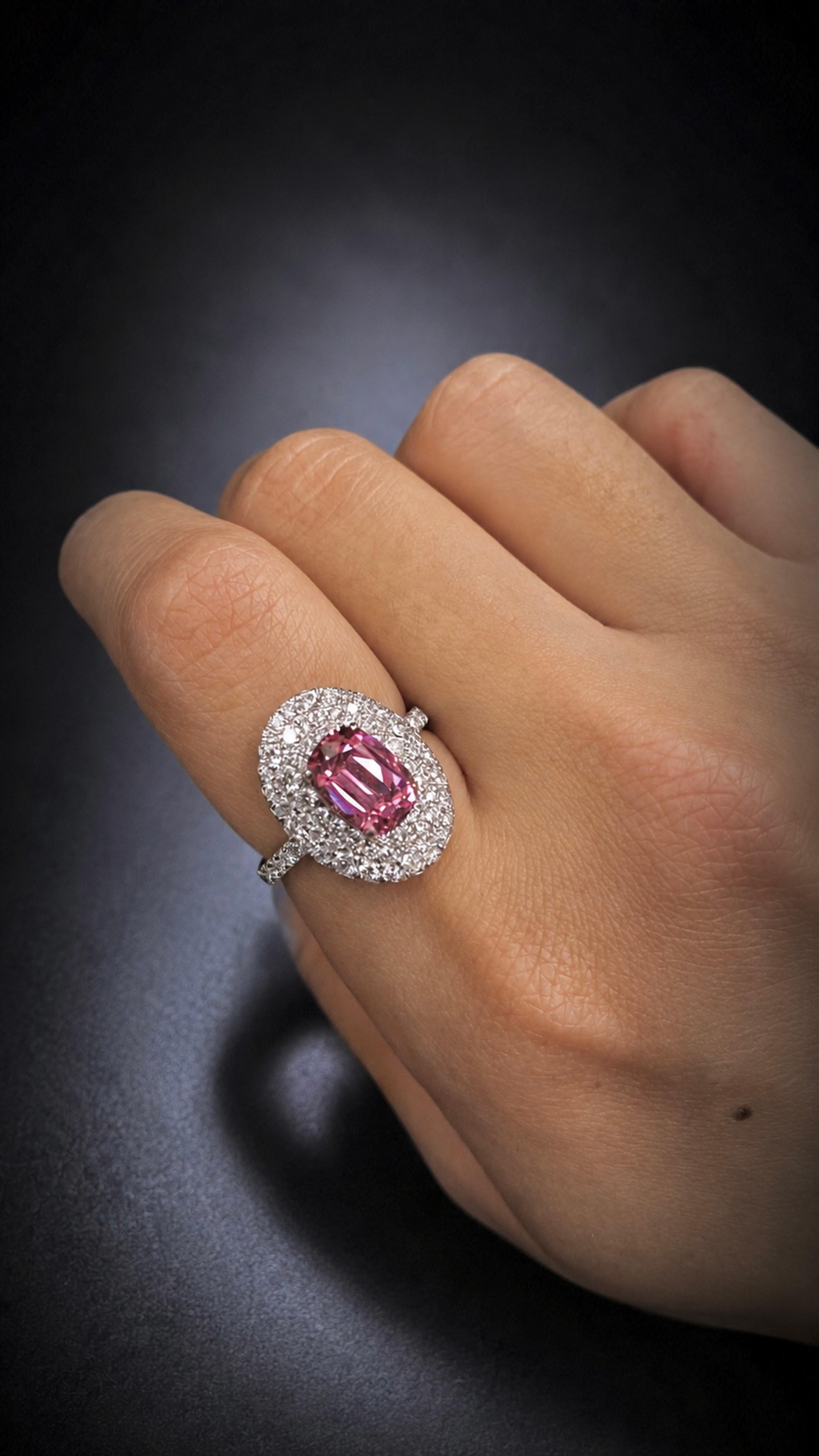Pink sapphire ring, white gold, worn