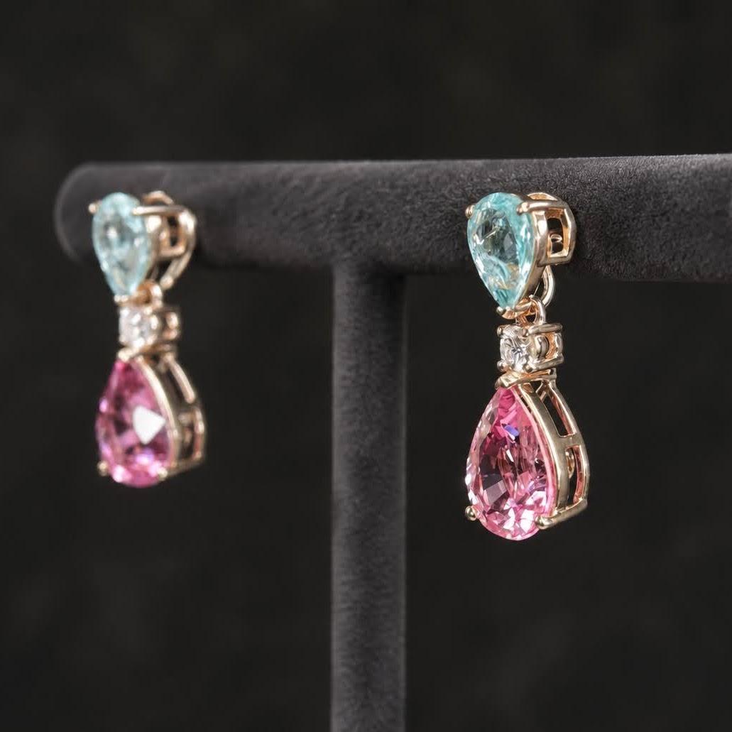 Paraíba and pink spinel earrings, rose gold, front