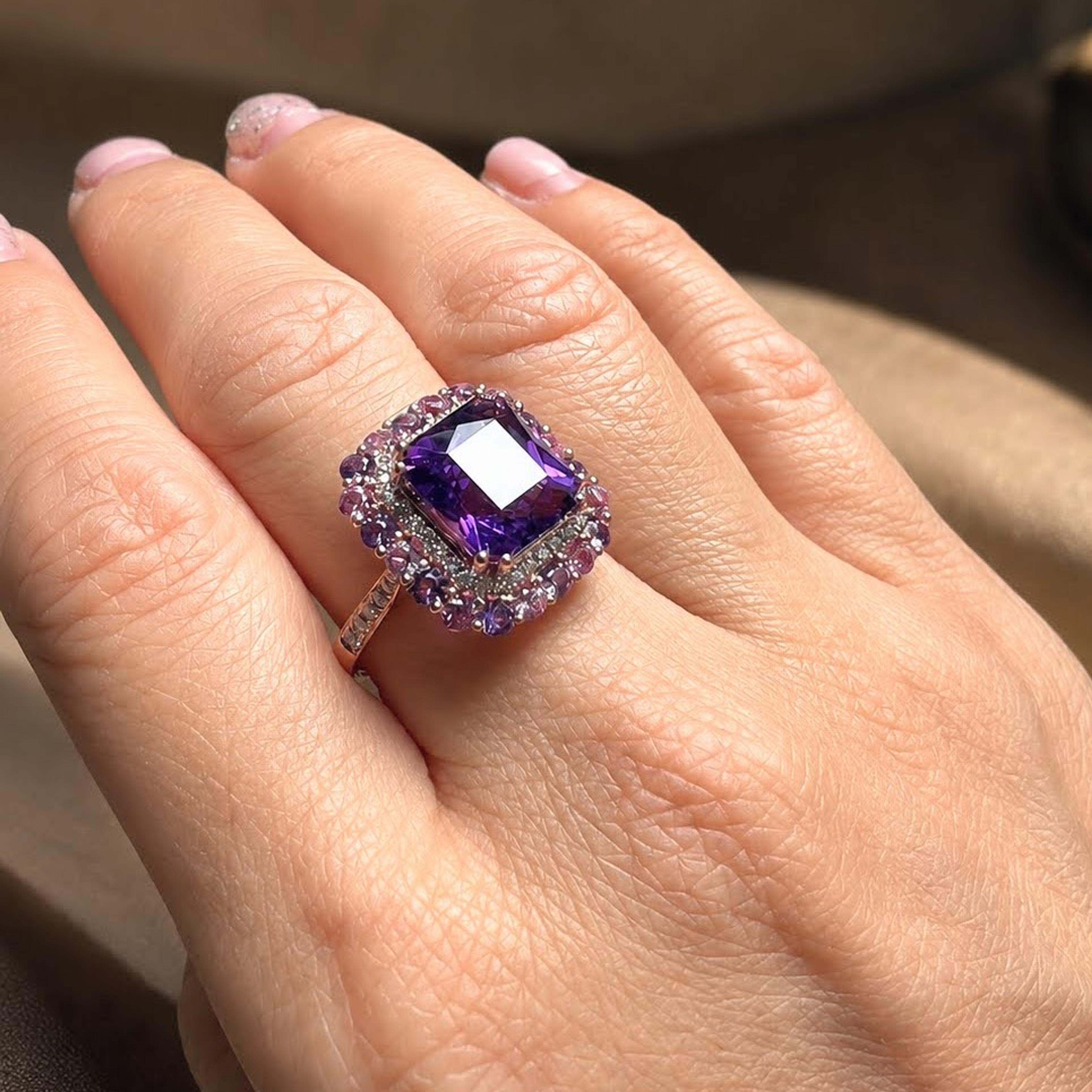 Square-cut purple amethyst, rose gold, worn