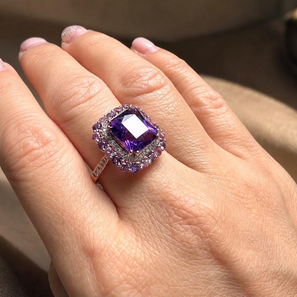 Square-cut purple amethyst, rose gold, worn