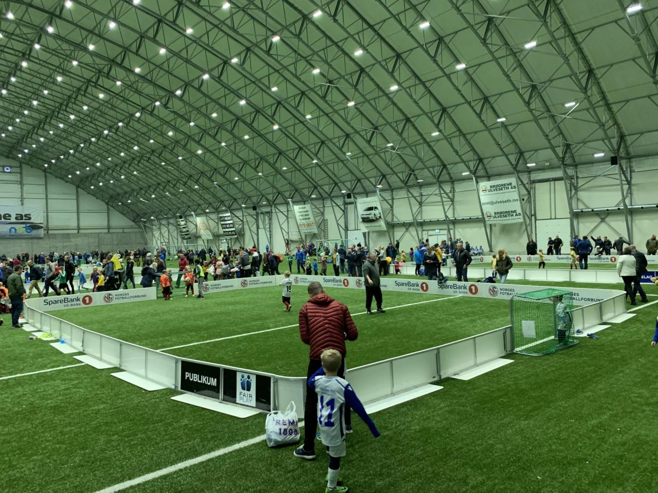 An indoor football arena with artificial turf, featuring a small pitch surrounded by adults and children.