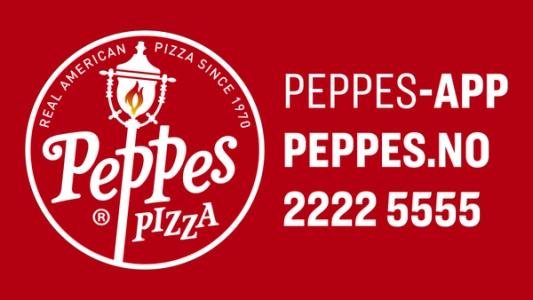 Peppes Pizza logo and contact information: PEPPES-APP, PEPPES.NO, 2222 5555.