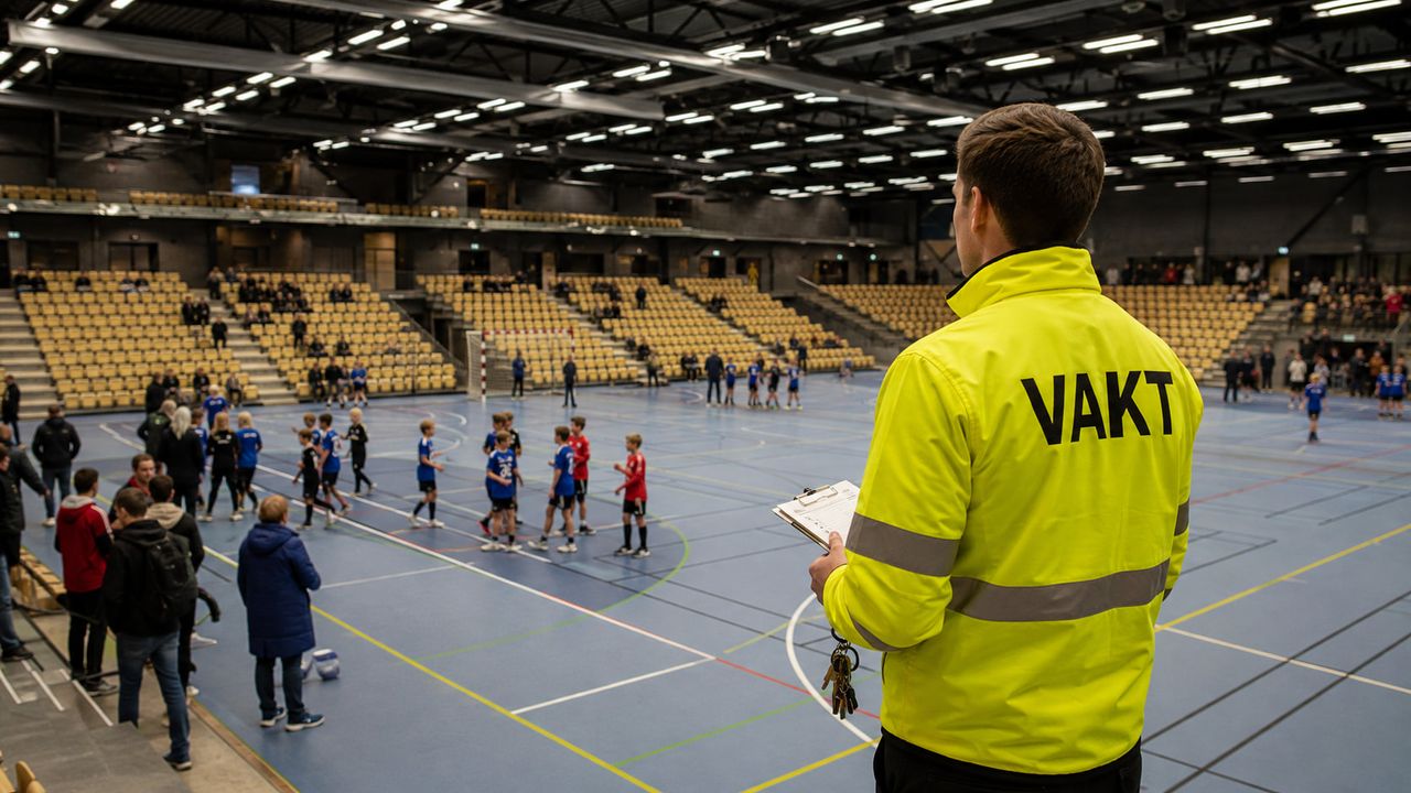 A person in a yellow VAKT jacket watches children playing a sport in a large indoor arena.