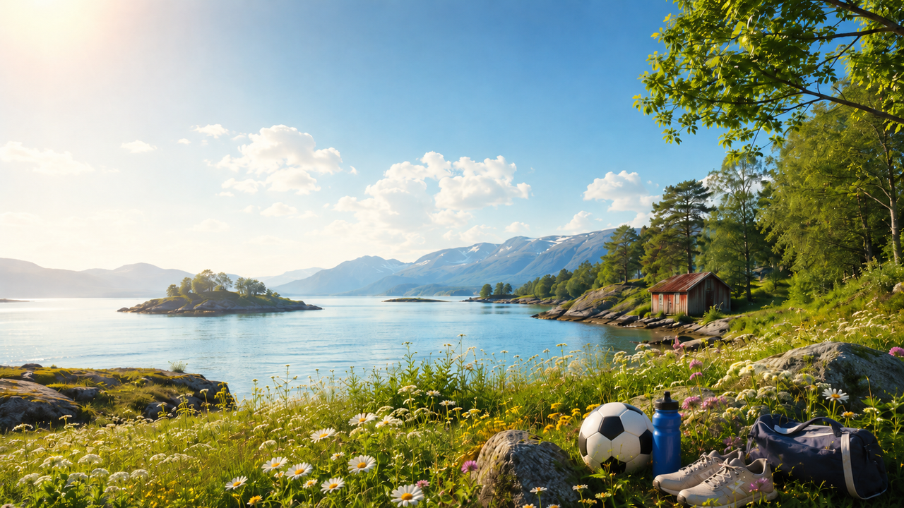 A soccer ball, water bottle, and shoes rest on a flowery hill overlooking a sunny fjord with mountains and a small wooden shack.