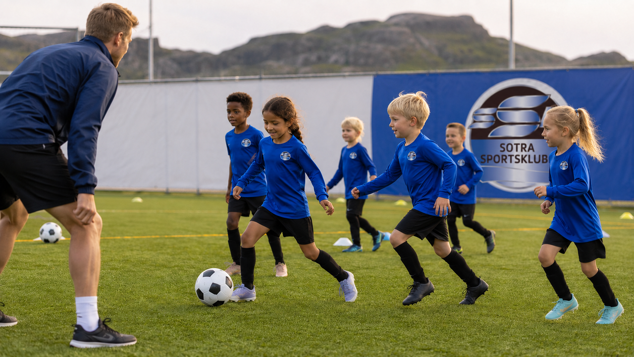 A soccer coach supervises a group of young children in blue uniforms practicing soccer on a green field.