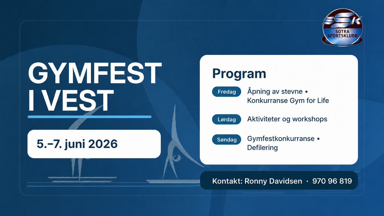 Poster advertising the 'Gymfest i Vest' gymnastics festival from June 5-7, 2026, with its program and contact details.
