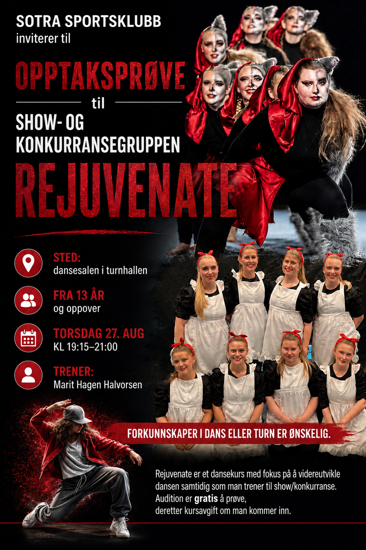 Audition poster for Sotra Sportsklubb's Rejuvenate dance group, featuring dancers in wolf/Red Riding Hood, maid, and hip-hop costumes, with event information.