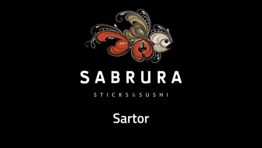 Logo for Sabrura Sticks & Sushi, featuring an ornate fish design and the text "Sartor".
